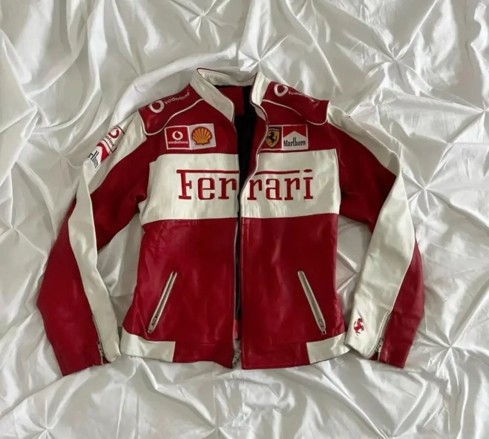 Stylish Ferrari leather jacket designed for racers, combining luxury with performance and a sleek racing aesthetic.