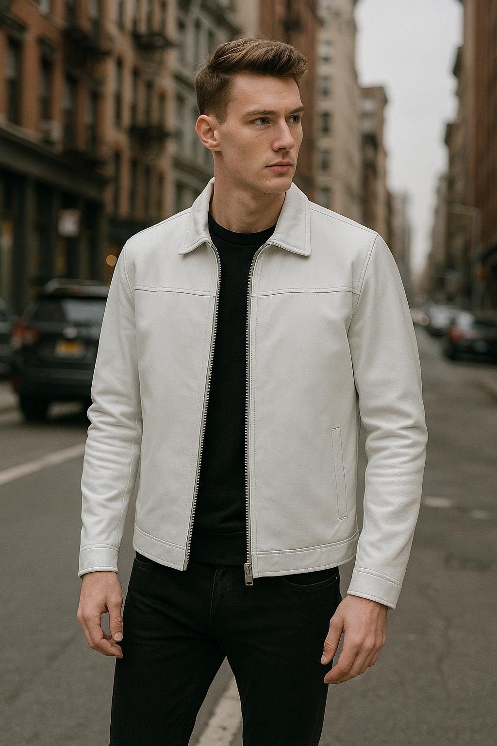Men’s Cropped Leather Bomber Jacket – Waist-Length Minimalist Design - White