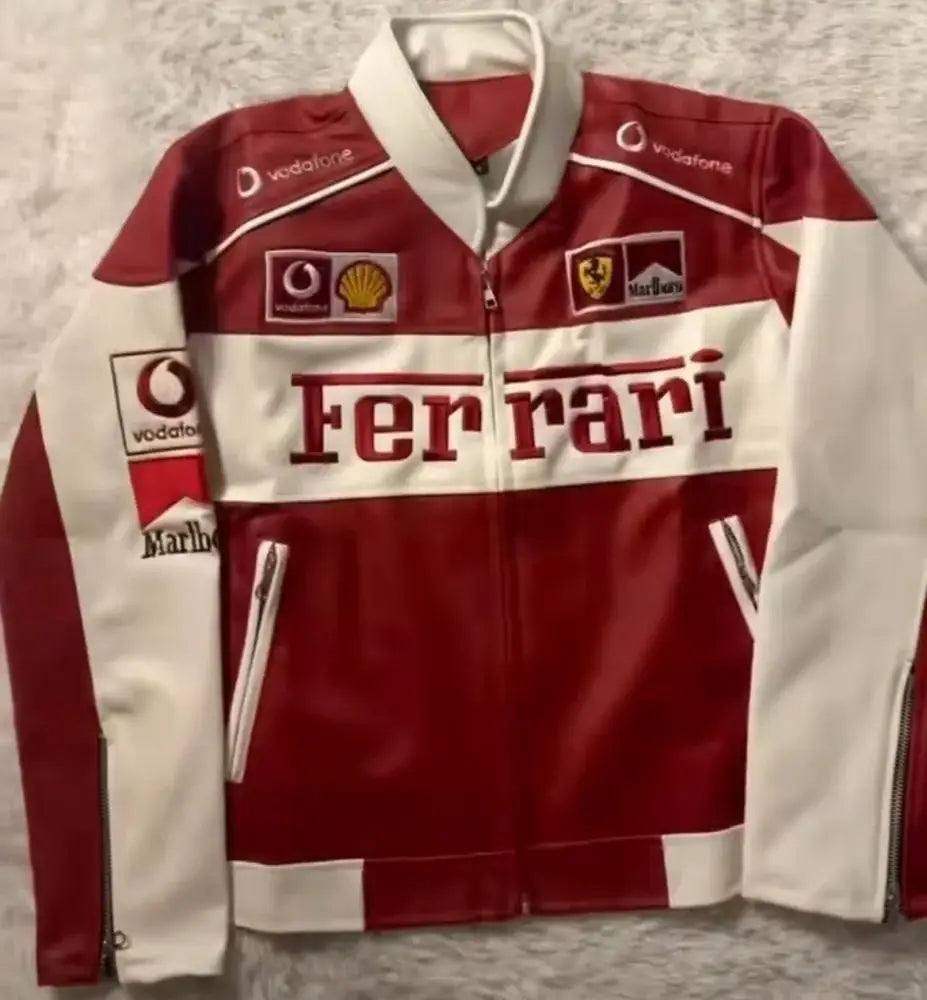 Stylish Ferrari leather jacket designed for racers, combining luxury with performance and a sleek racing aesthetic.