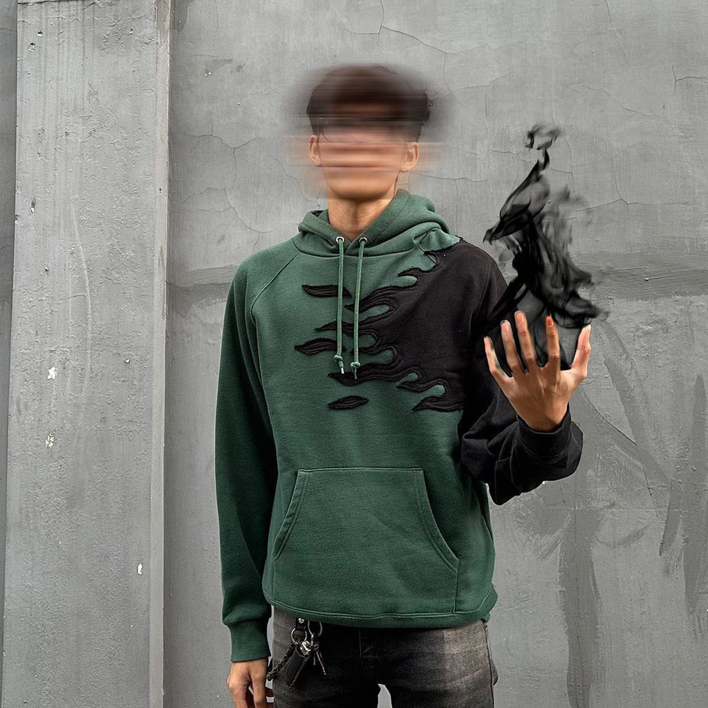 Uibok "Inferno" Upcycled Flame Hoodie – Handcrafted, One-of-a-Kind Streetwear