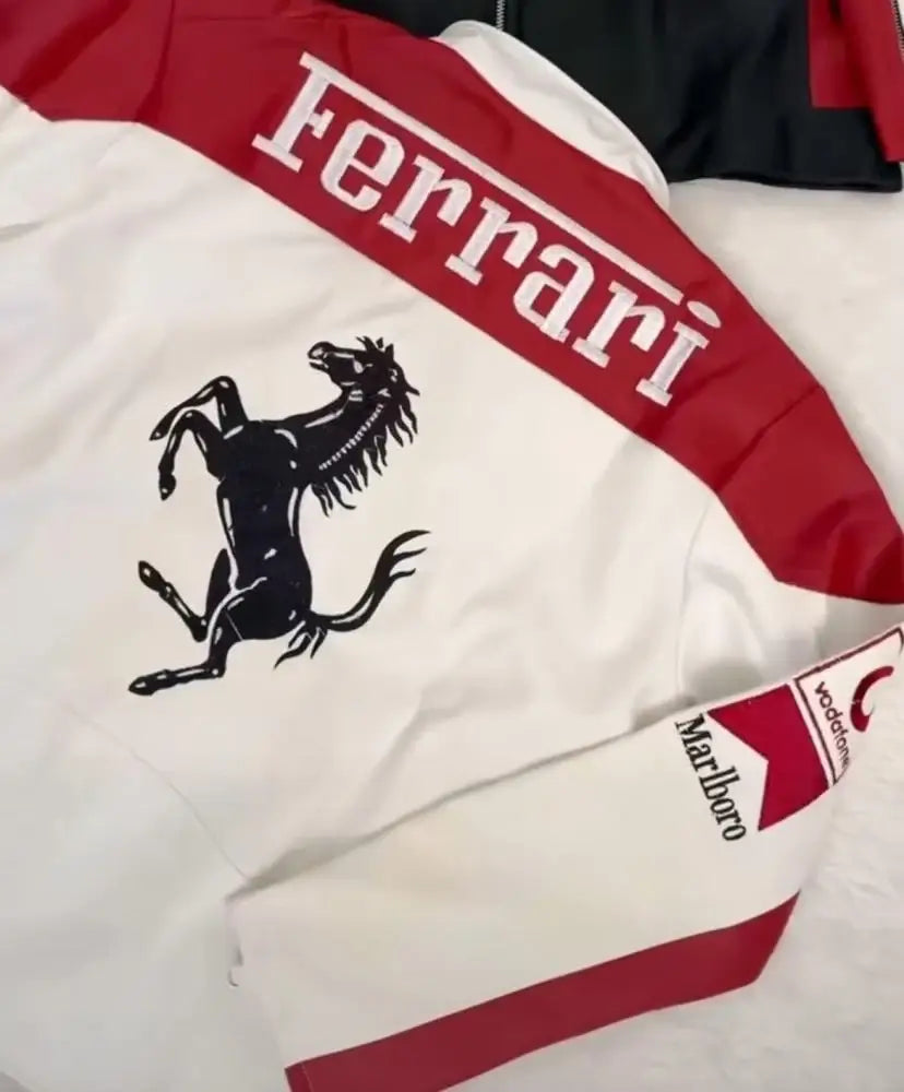 Stylish Ferrari leather jacket designed for racers, combining luxury with performance and a sleek racing aesthetic.