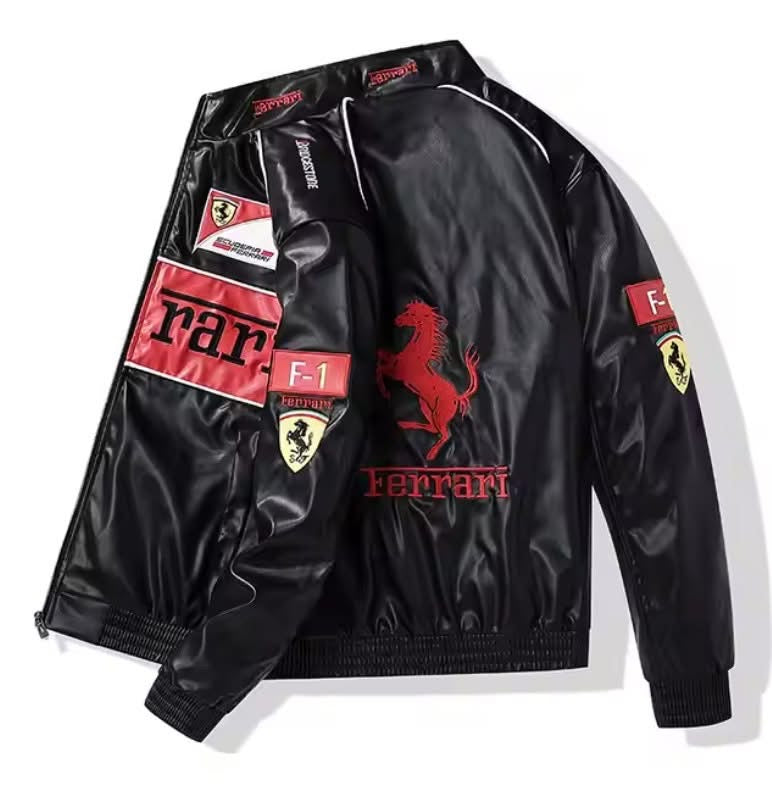 🏁 Ferrari-Inspired Racing Leather Jacket – Premium Black & Red F1 Motorsport Jacket for Men | Vintage Racing Style