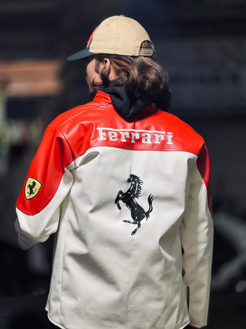 Ferrari Racing White Leather Jacket – Premium F1 Motorsport Outerwear for True Speed Enthusiasts (Embroidered)