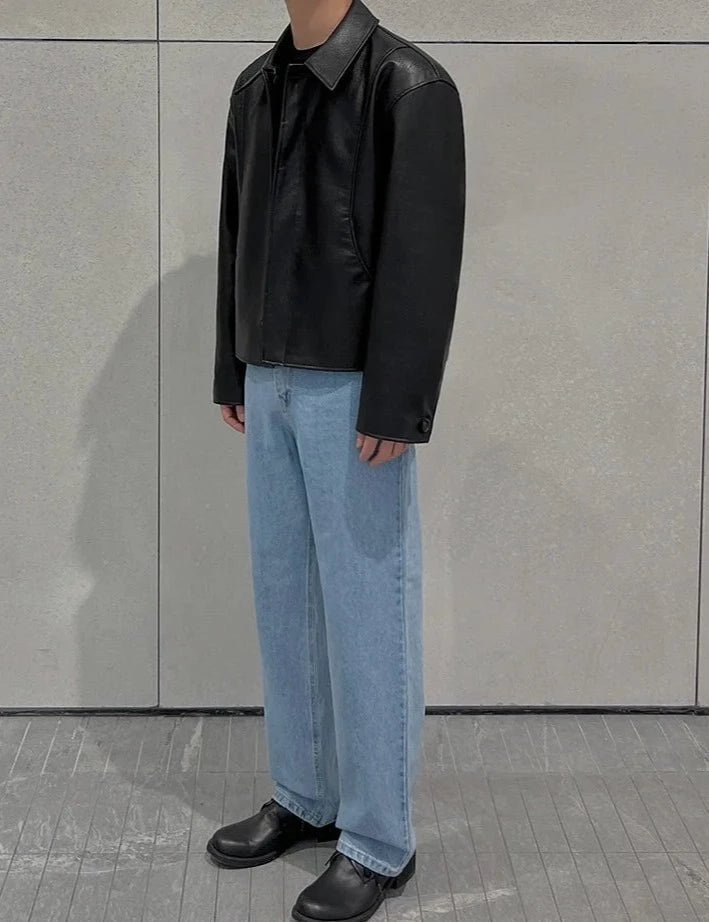 Men’s Cropped Faux Leather Jacket – Minimal Korean Streetwear Black Jacket