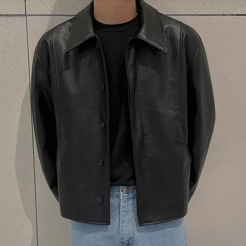 Men’s Cropped Faux Leather Jacket – Minimal Korean Streetwear Black Jacket