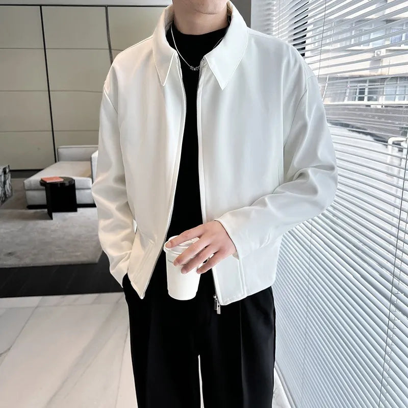 Men’s Cropped Leather Bomber Jacket – Waist-Length Minimalist Design - White