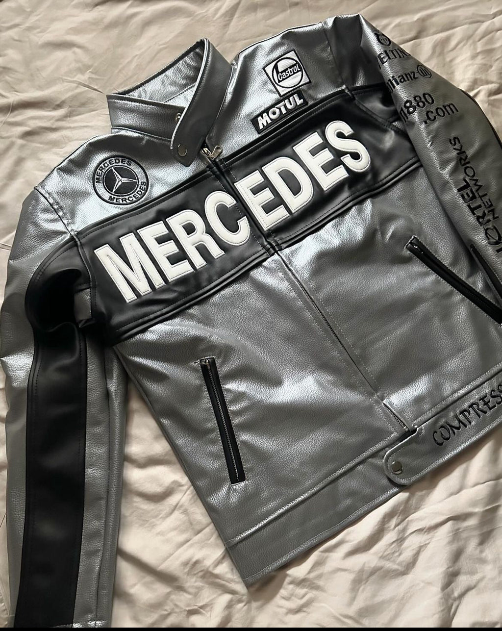 Mercedes Racing Leather Jacket – Classic Formula 1 Style (Embroidered)
