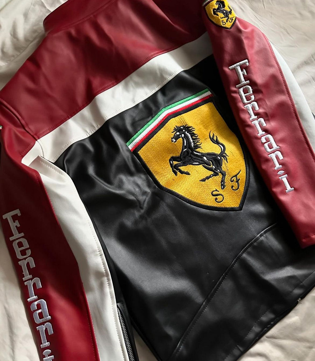 Ferrari Maroon and Black Leather Jacket (Embroidered)