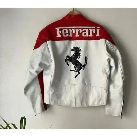 Ferrari Racing White Leather Jacket – Premium F1 Motorsport Outerwear for True Speed Enthusiasts (Embroidered)