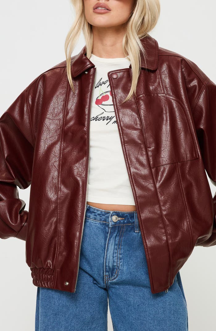 Premium Oversized Faux Leather Bomber Jacket – Red & Burgundy