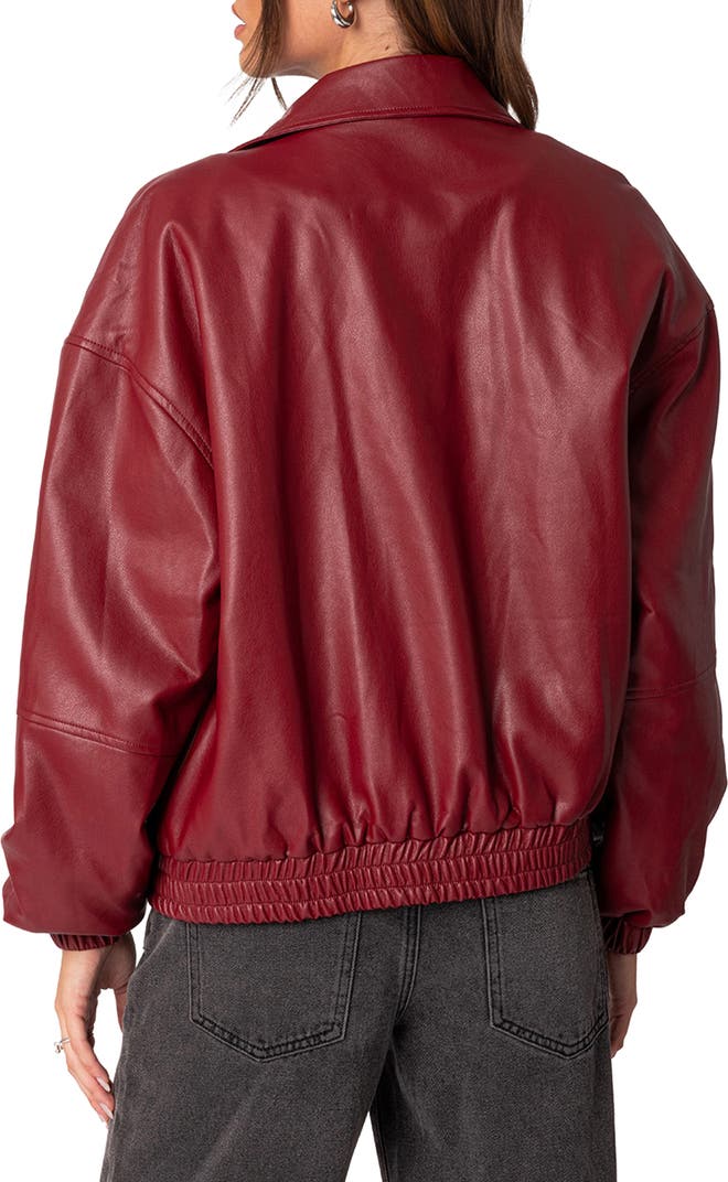 Premium Oversized Faux Leather Bomber Jacket – Red & Burgundy
