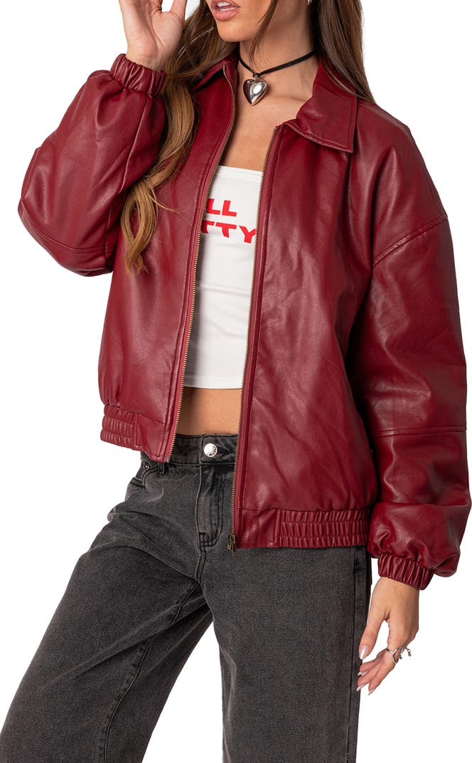 Premium Oversized Faux Leather Bomber Jacket – Red & Burgundy