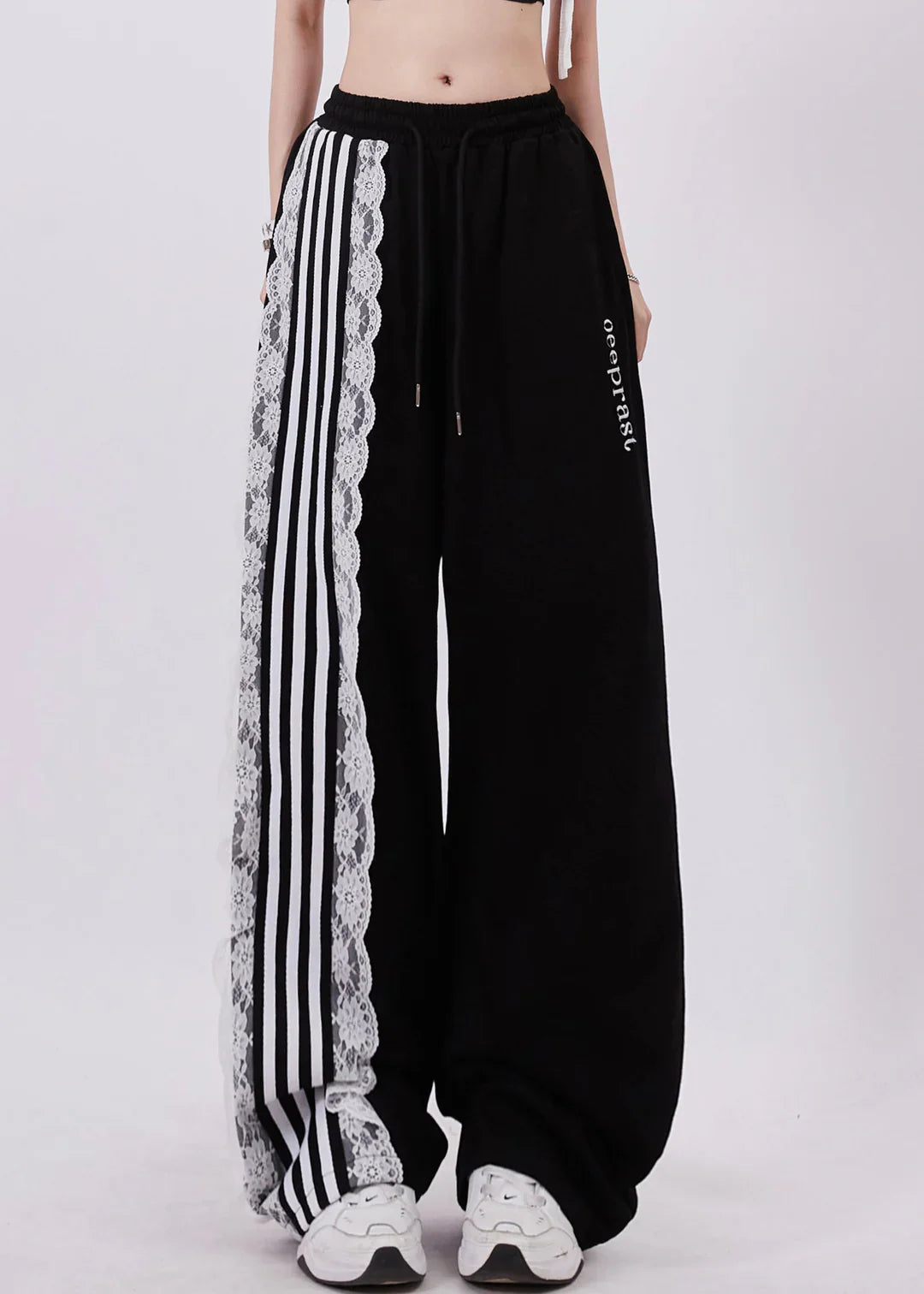 Lace-Trimmed Striped Wide-Leg Sweatpants – Edgy Meets Elegant