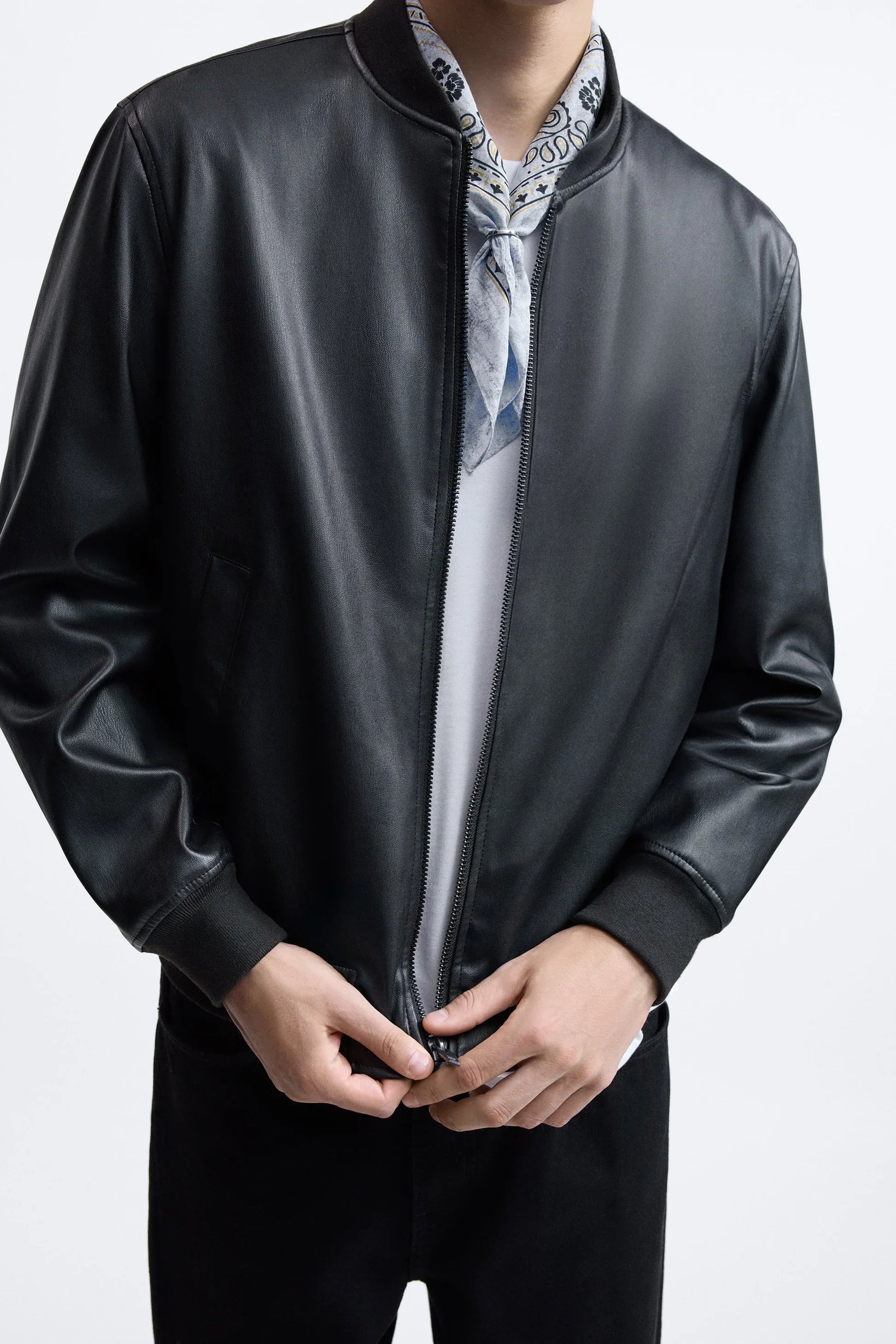 Men’s Premium Black Leather Bomber Jacket – Minimal Zip Style
