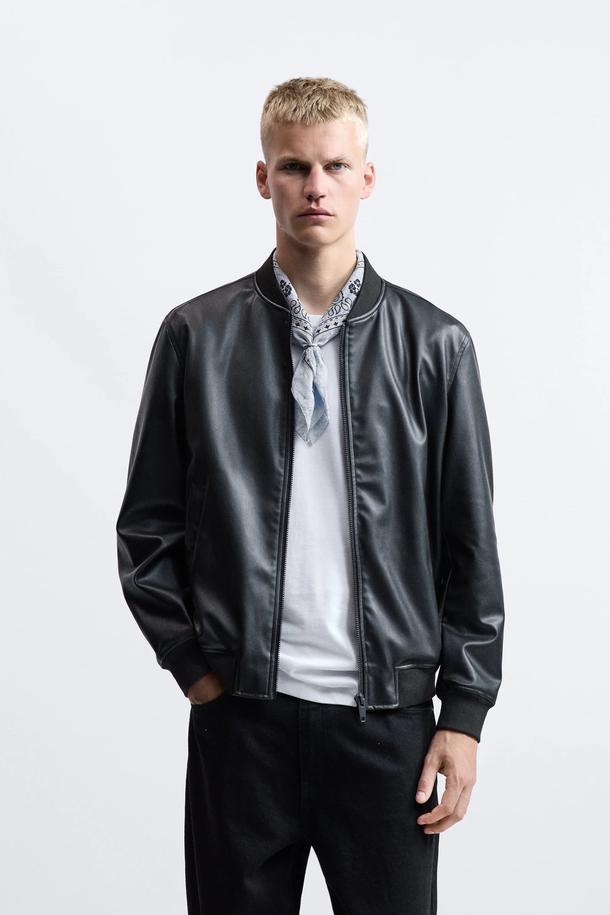 Men’s Premium Black Leather Bomber Jacket – Minimal Zip Style