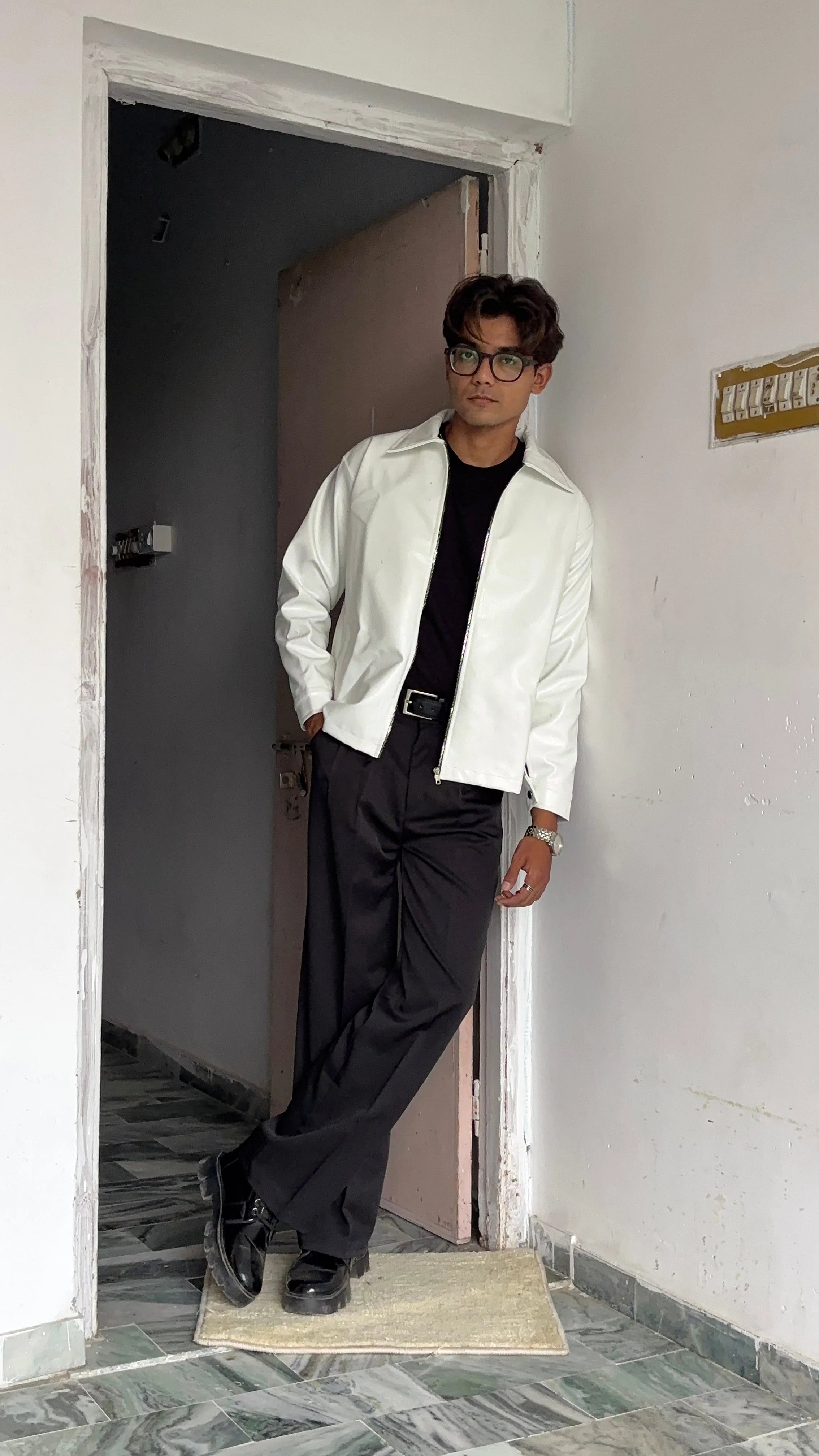 Men’s Cropped Leather Bomber Jacket – Waist-Length Minimalist Design - White