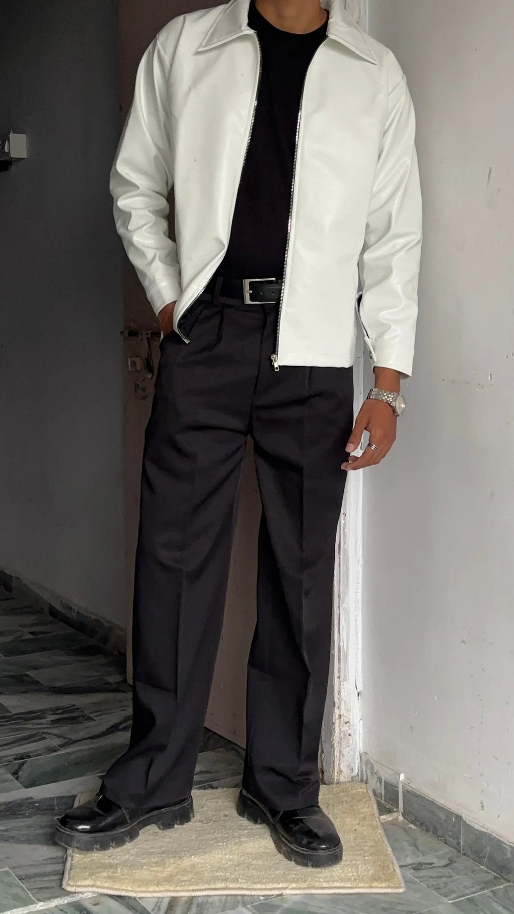 Men’s Cropped Leather Bomber Jacket – Waist-Length Minimalist Design - White