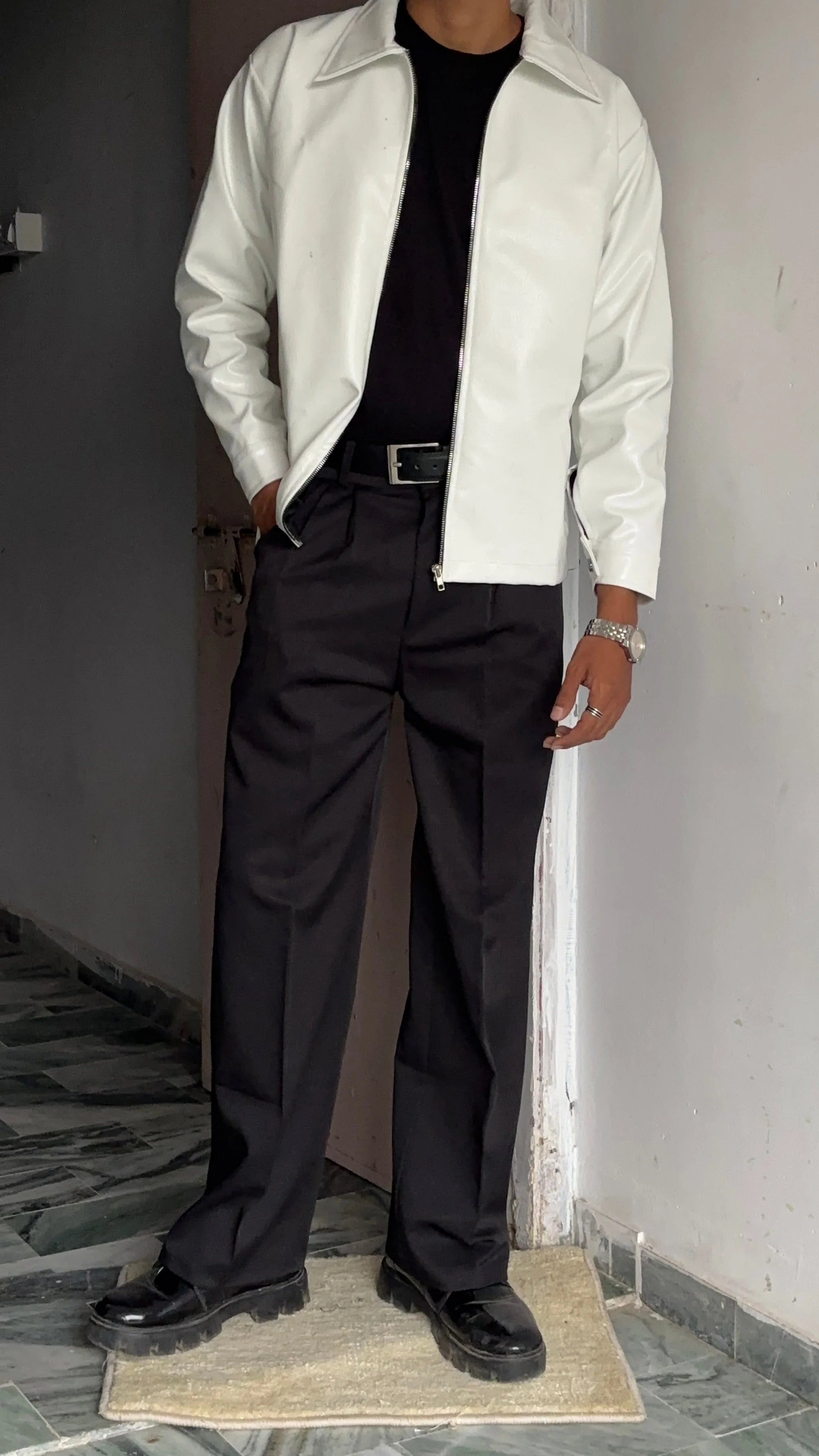 Men’s Cropped Leather Bomber Jacket – Waist-Length Minimalist Design - White