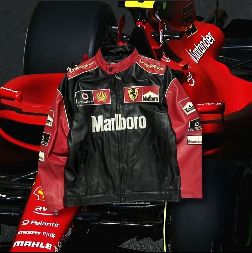🔥 Ferrari Marlboro F1 Racing Jacket – Vintage Black & Red Motorsport Leather Jacket | Formula 1 Streetwear