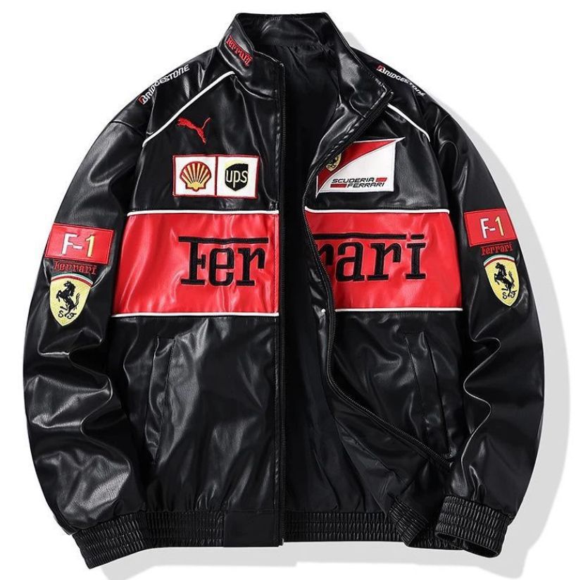 🏁 Ferrari-Inspired Racing Leather Jacket – Premium Black & Red F1 Motorsport Jacket for Men | Vintage Racing Style