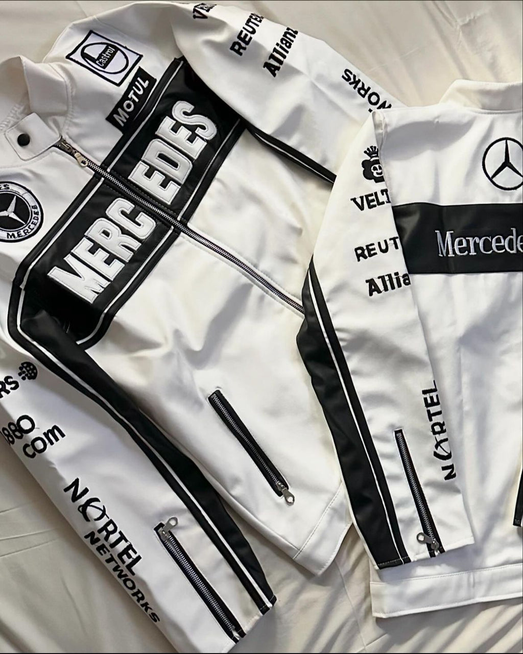 Mercedes Racing Leather Jacket – Classic Formula 1 Style (Embroidered)
