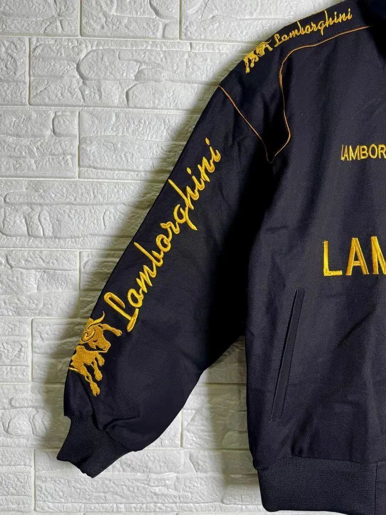 Automobili Lamborghini Embroidered Jacket – Black & Gold Racing Bomber with Bull Logo, Streetwear Motorsport Varsity Style