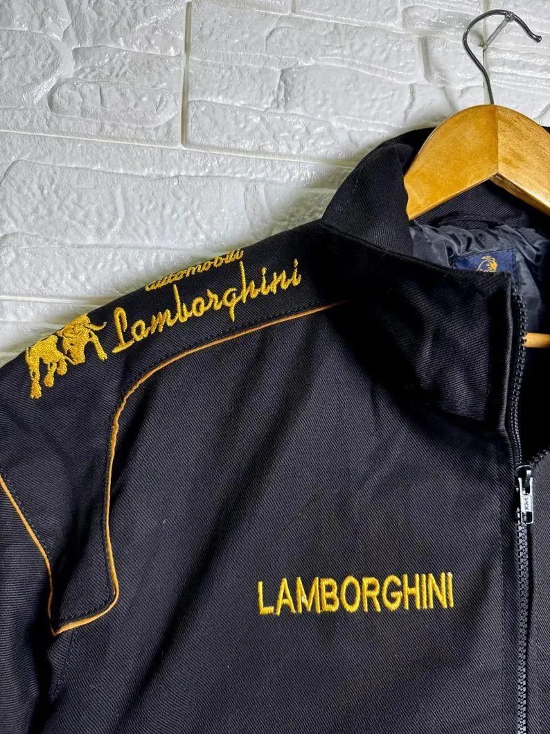 Automobili Lamborghini Embroidered Jacket – Black & Gold Racing Bomber with Bull Logo, Streetwear Motorsport Varsity Style