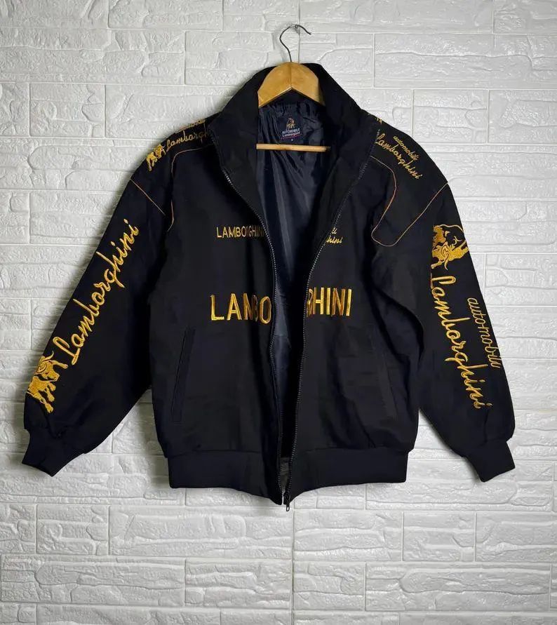 Automobili Lamborghini Embroidered Jacket – Black & Gold Racing Bomber with Bull Logo, Streetwear Motorsport Varsity Style