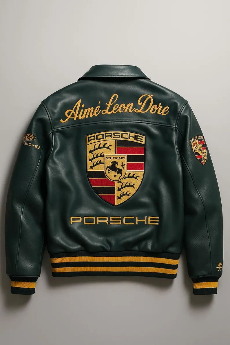 Uibok x Porsche Varsity Leather Jacket – Limited Edition Dark Green Bomber with Embroidered Porsche Crest & Retro Racing Details